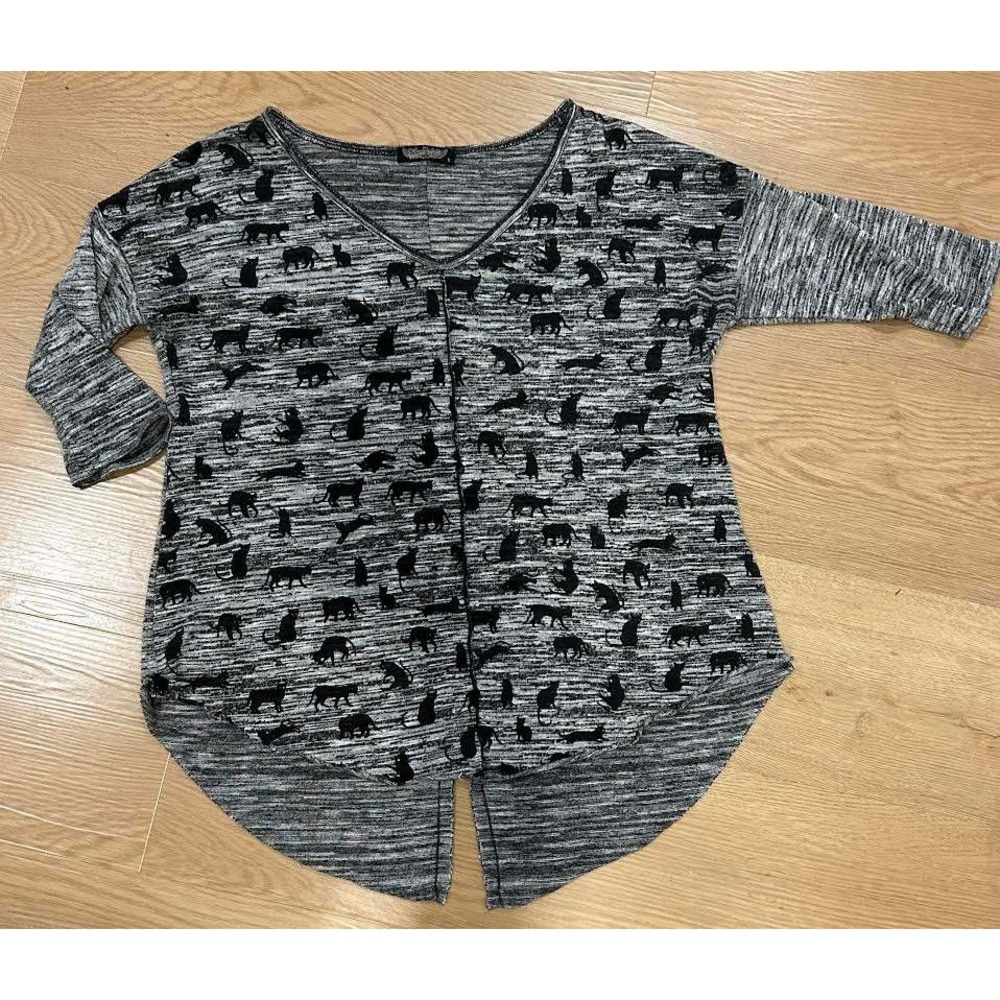 Vanilla Sugar Women Grey Space Dye Black Cat Print V-Neck High Low Top Small